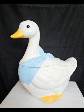 Vintage Goose Cookie Canister~ 1980s Rustic Country Kitchen Blue Hankerchief